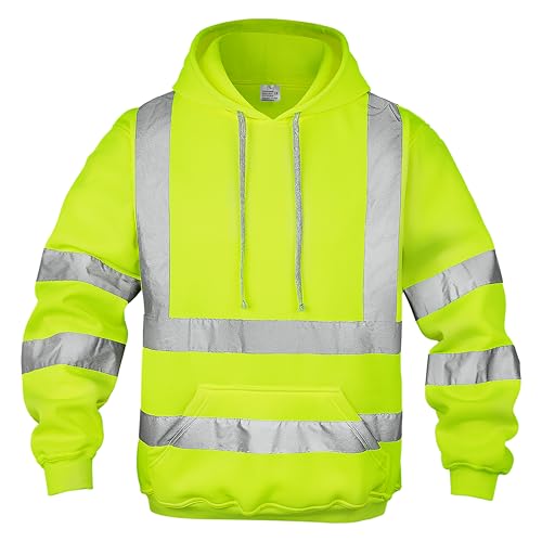 wefeyuv high visibility hoodie for men,Reflective safety sweatshirt with Pockets,Fleece Breathable Fabric,ANSI class 3 safety sweatshirt Pullovrer Yellow L for Construction Traffic Control Surveying