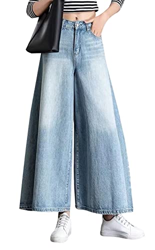 CHARTOU Women's Retro High Waist Wide Leg Flared Bell Bottom Washed Denim Pants