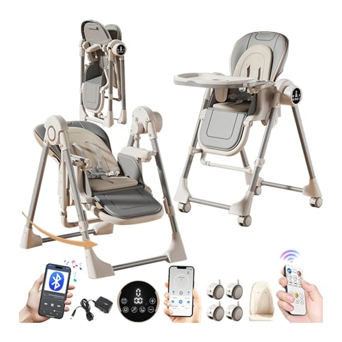 MoLi Électrique Bluetooth Intelligent Cuir PU Chaise Haute, Chaises Hautes avec Fonction de Balancelle, Chaise Haute Bébé Plateau Double Couche (E8121 Grey)