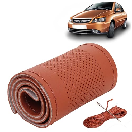 Image of KINGSWAY PU Leatherite Car Steering Cover Sewable Compatible with Tata Indigo CS (Year 2009-2018), Tan Color with Tan Thread, Pack of 1 with Sewing Needle and Thread