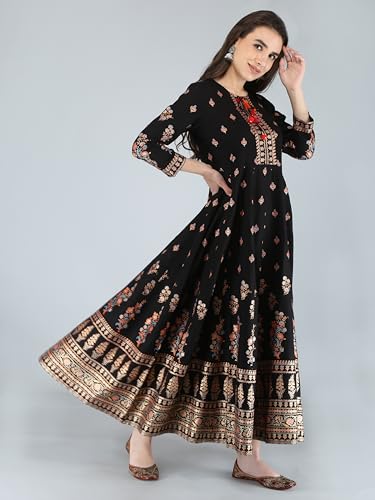 Image of Aj Art Anarkali Kurti for Women and Girls Floral Golden Print Regular Slim Fit Rayon Blue (Set of 1)