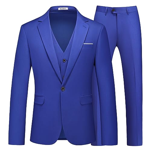Mens Suits 3 Pieces Slim Fit One Button Solid Suit Blazers for Business Wedding Formal Prom Tuxedo Blazer Vest & Pant Set Royal Blue