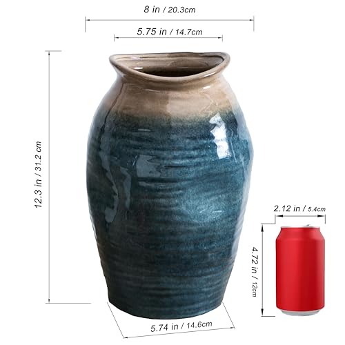 Tanvecle Blue Floor Vase, Ceramic Glazed Large Vase for Modern Farmhouse Home Decor, Rustic Terracotta Pottery, Vintage Clay Vase for Living Room Entryway Centerpiece