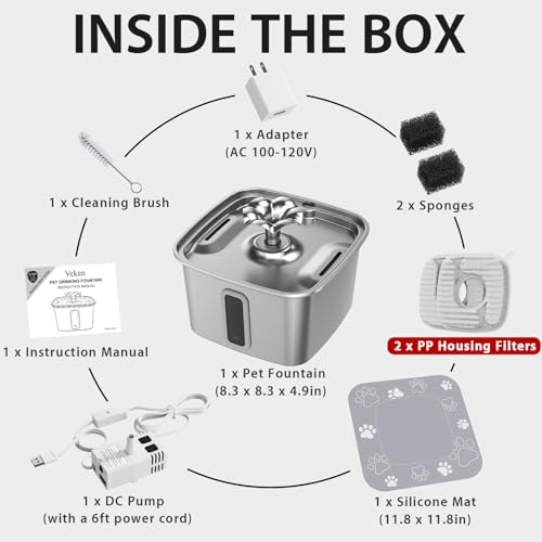 Image of Veken Innovation Award Winner Stainless Steel Cat Water Fountain, 108oz /3.2L Automatic Pet Fountain Dog Water Dispenser with 2 PP Housing Replacement Filters & Silicone Mat for Cats, Dogs (Silver)