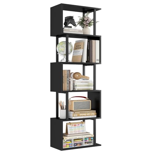 Gadroad 5-Tier Bookshelf, Tall S-Shaped Geometric Bookcase, Wood and Metal Decorative Storage Shelving, Modern Freestanding Display Shelves, Book Shelf Unit for Living Room Bedroom Home Office, Black