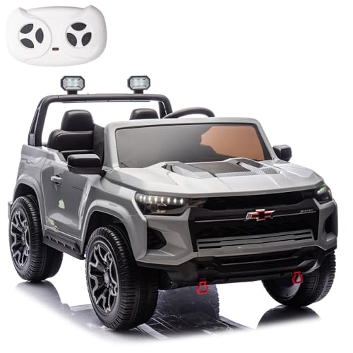 Kids Electric Car 24V, 2 Seater Ride on Car for Kids Electric Vehicles with Parent Remote, 4WD Licensed Chevrolet Colorado with Music, Alarm Lights, Megaphone (Gray)