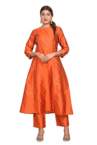 Image of Riara Art Silk Women Long Anarkali Kurti with Pant Polka Dot A-line Ladies Ethnic Wear Dress