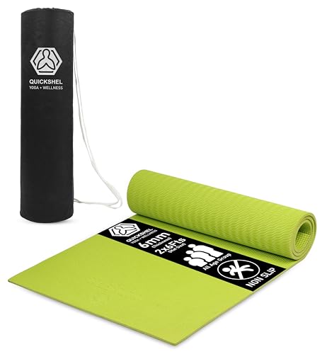 Quick Shel Yoga mats Exercise Mat Anti-Skid Water/Dirt Proof Lightweight easy to Carry for home and gym workouts for men women children with Carry Bag (Green) (2fts x 6fts) (6mm Thickness)
