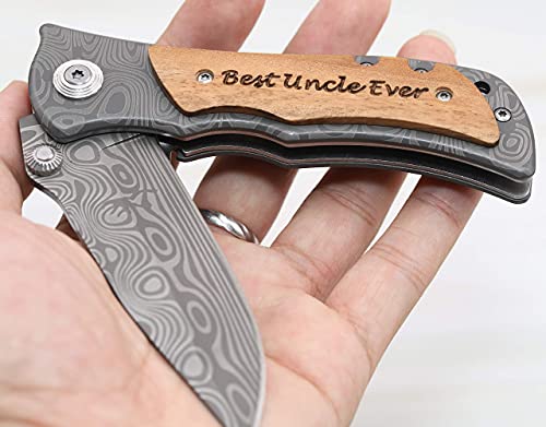 Image of Corfara Engraved Tactical Survival Folding Pocket Knife with Wood Handle - Best Uncle Ever - Uncle Gifts for Birthday, Fathers Day, Christmas from Niece, Nephew