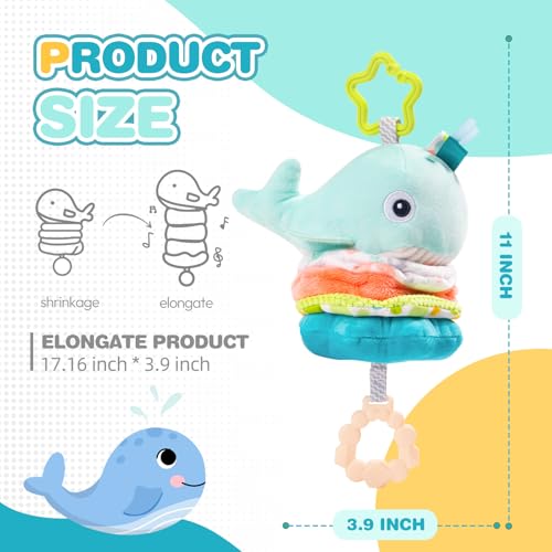 Image of Jollybaby Baby Musical Pull String Hanging Toy for Stroller Car Seat Crib Play Gym, Plush Stuffed Whale Toy for Carseat with Music Teether Crinkle Paper, Sensory Toy for 0-6-12-18 Months Baby Gift