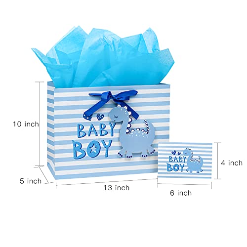 Loveinside Baby Boy Gift Bag Blue Dinosaur Design With Tissue Paper And Greeting Card For Baby Shower, New Parents, And More - 13" X 10" X 5", 1 Pcs #TOP5