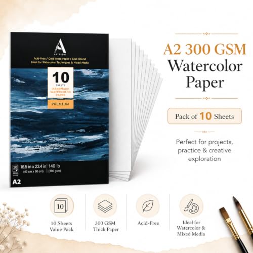 Image of ArtRight Artists' Watercolor Paper A2 300 GSM - 10 Sheets of Handmade Rough Grain Water Colour Papers for Watercolour, Acrylic, Gouache, Ink & Mixed Media