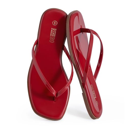 Image of Rihero Flip Flops for Women Comfortable Square Toe Beach Sandals Slip On Leather Thong Flat Sandals Dressy