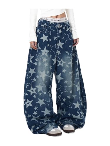 Y2K Retro Star Printed Washed Denim Jeans Suitable for Both Men and Women, Loose and Casual Wide Leg Pants