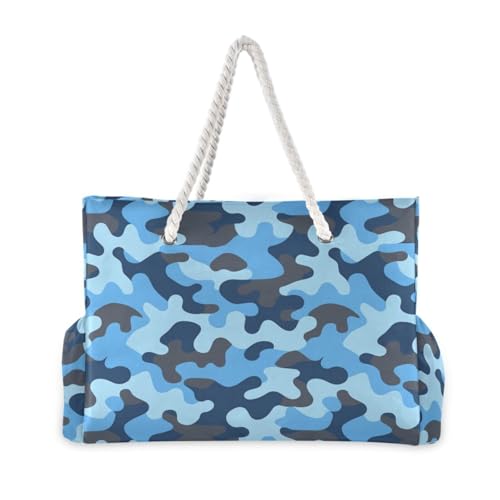 JUNZAN Camouflage Beach Tote Bag with Handles Swim Pool Bag Beach Totes Bags for Women with Waterproof Pockets Blue3