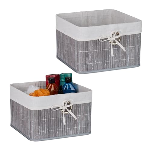 Relaxdays Aufbewahrungskorb 2er Set, Bambus, Stoffeinsatz, HBT: 20x31x31 cm, Körbchen Griffloch, Regalkorb, grau/weiß
