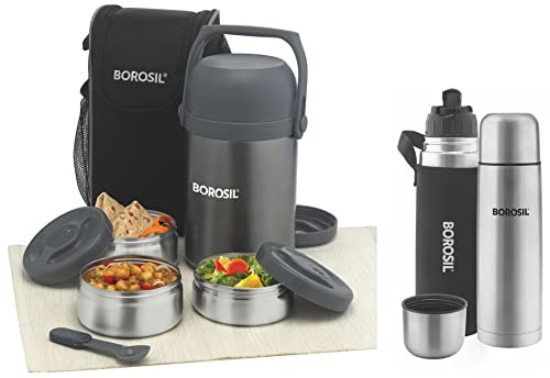 Borosil Hot-N-Fresh Stainless Steel Insulated Lunch Box, Set of 3 (1pcs 350ml + 2pcs 420ml), Grey & Hydra Thermo Stainless Steel Flask with Thermal Cover, Silver (FHTBBO1000A) Combo