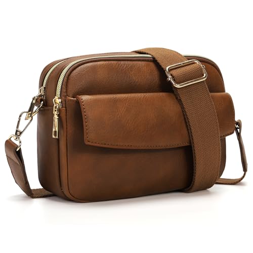 Trustjade Vegan Leather Crossbody Purse for Women, Small Bag with Multi-Pocket & Wide Strap, Trendy Shoulder Bag for Daily(Brown)