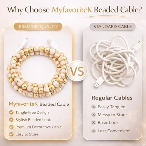 Image of Stylish Beaded Phone Charger Cable Colors USB Charging Cord for Smartphones (4-1, Marble & Gold, 6.6ft)