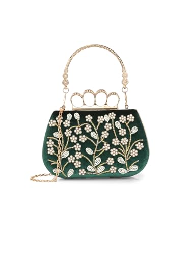 Image of TOOBA Handicraft Pearl Embroidered Clutch Purse For Women with Trendy Design 4-ring Handle & Tassel