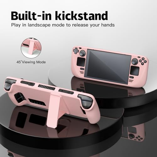 Image of bibuks Steam Deck Case,Steam Deck OLED Protective Case,Non-Slip Skin Protective Shell Accessories with Kickstand ,2 Screen Protector, 4 Thumb Grip (Pink)