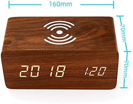 Wooden Digital Alarm Clock With Qi Wireless Charging,Bedside Led Clock with 3 Alarm Settings, Temperature Display,Adjustable Brightness,Sound Control for Bedroom, Livingroom, Desk, Kids (Brown)