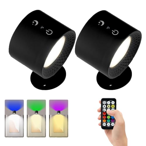 LED Wall Mounted Lights Battery Operated Rechargeable Wall Sconces Lamp Wireless & Tap-Activated Up-Down Lighting 9 RGB Colors 360Rotation Cordless Night Light for Bedroom Reading Bedside(Black*2PCS)