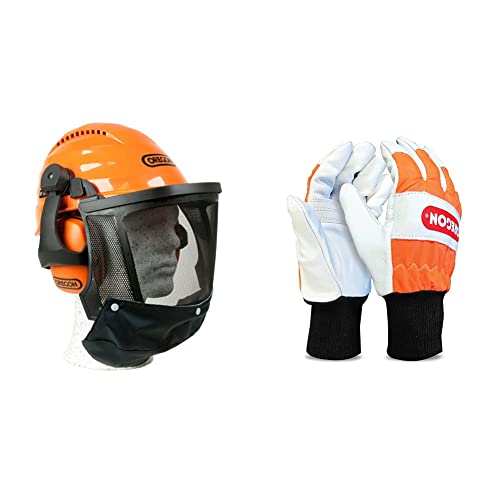 Oregon Waipoua Professioneller Kettensägen-Sicherheitshelm mit Gehörschutzmanschette und Netzvisier, Orange & Kettensägen-Schutzhandschuhe aus Leder mit Linkshandschutz - Größe 11