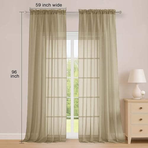 Image of OWENIE Extra Long Taupe Sheer Curtains 96 Inches Long 2 Panels Set, Soft Lightweight Airy Voile Sheer Curtain for Bedroom Living Room, Rod Pocket Solid Color Farmhouse Curtains, 59 inch Wx96 L Inch