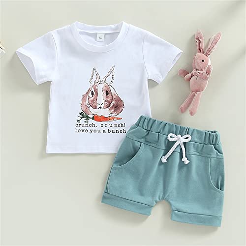 Popolar Toddler Baby Boys Easter Outfits Bunny Printed Short Sleeve T-Shirt Solid Color Shorts Summer Clothes Set(White, 12-18 Months) #TOP2