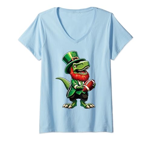 Mujer Leprechaun Dinosaurio Fútbol Día de San Patricio Niños Hombres Mujeres Camiseta Cuello V