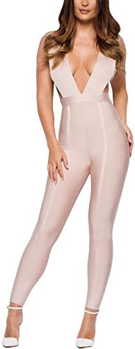 HLBandage Deep V Neck Sexy Rayon Clubware Bandage Jumpsuit Bodycon Romper Pants (XL, Nude)