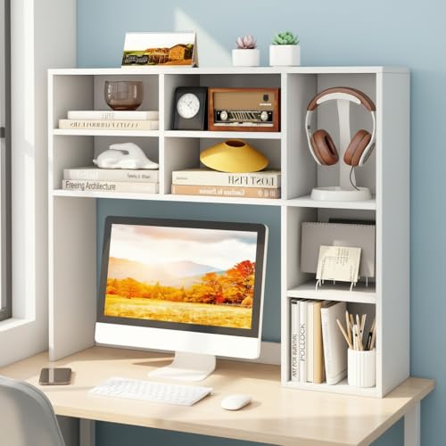 Image of Tangkula Desktop Bookshelf, 37 inch Countertop Storage Hutch with 7 Cubes & 3 Adjustable Shelves, 3-Tier Desk Display Rack Organizer, Multipurpose Wood Desktop Hutch for Dorm Home Office (White)