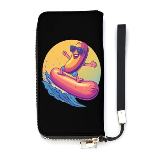 Surf Sausage Surfing Lover Women's Leather Clutch Wallet with Zip Card Holder Hand Strap Large Capacity