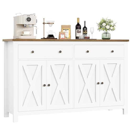 FirFurd Aparador Cocina Grande con Encimera, Aparador Comedor, Mueble Cocina, Mueble Entrada Recibidor, Salón, con 2 Cajones, 4 Puertas (Blanco)