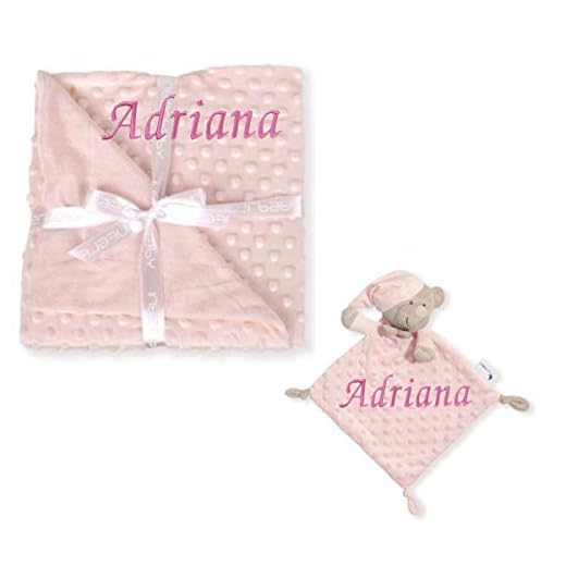 Manta para bebé BORDADA con nombre modelo de topitos y trapito doudou peluche a juego PERSONALIZADO con nombre bordado (Rosa)