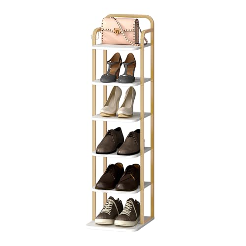 Hzuaneri Vertical Shoe Rack, Shoe Shelves, Wood Shoe Organizer for Closet, Entryway, Shoe Tower for Small Spaces, Free Standing, with 2 Hooks, White Gold, 6 Tier(26.5Wcm) SR04213A