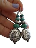  ◦ • ● ◉✿ DISCO DE MANDALA DECORADO CON ESTRELLA, PERLA DE BALI ANTIGUA DE DOS PIEZAS, ESPACIADOR DE BALI Y 3 PIEDRAS DE HOWLITA TURQUESA ✿◉ ● • • Pendientes de belleza única con un gran disco