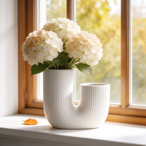 ISTOOLL U-Shaped Ceramic Vase for Table Decor, White Double mouthed Vases for Centerpiece for Living Room, Coffee Table Decor, Kitchen, and Office — view 5
