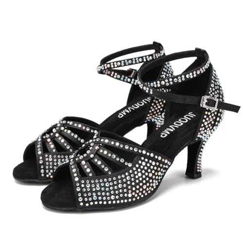Image of JUODVMP Women's Latin Dance Shoes Rhinestones Satin Ballroom Dancing Shoes Salsa Professional Dance Shoes