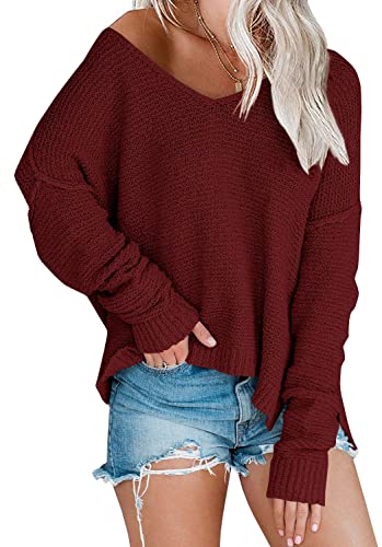 Women’s Off Shoulder Knit Sweaters Oversized V Neck Long Sleeve Loose Lightweight Pullover Tops