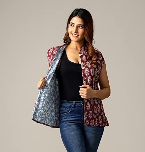 Image of Ravaiyaa - Attitude is everything Women's Floral Printed Reversible Quilted Jacket Coat Blazer Jacket Sleeve Less Waistcoat