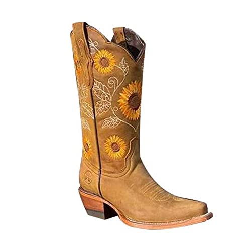 Women s Western Boot Retro Sunflower Embroidered Cowgirl Boots Slip On Chunky Heel Boot Round Toe Mid Calf Combat Boots