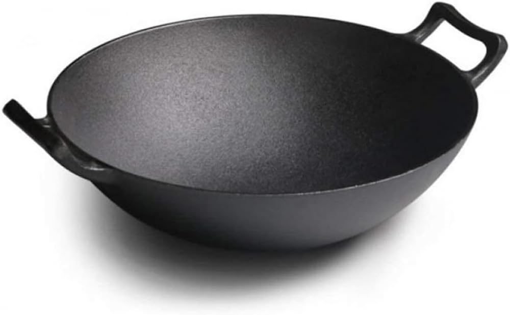 Wok mit rundem Boden, Doppelohr-Wok, Gusseisen, unbeschichtet, Vintage-Stil, verdickter Gusseisentopf, Infinity-Wok, 36 cm
