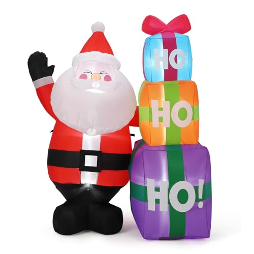6FT Christmas Inflatable Outdoor Decorations, Cute Santa with Gift Box, Blow Up Xmas Yard Decoration for Holiday Home Party Garden Lawn Decor, Indoor Outdoor Use, Easy Installation