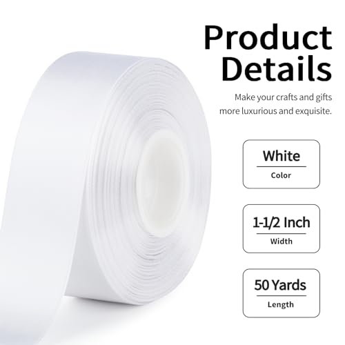 image for Mauproy 1-1/2 Inch Wide White Satin Ribbon, 50 Yards Solid Polyester F