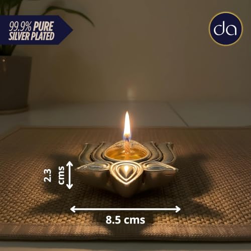 Image of 999 Pure Silver Plated Lotus Diyas for Pooja - Set of 2, Handcrafted Silver Diya for Puja & Spiritual Gifting for Home Decor