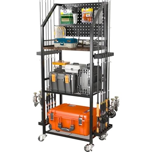 SOYEEZE Fishing Rod Holders for Garage, Fishing Pole Holders Up to 12 Rods with Pegboard and Hooks,Rolling Fishing Cart with Wheels, Fishing Gear Storage For Tackle Box & Reel Organization-6 Hooks
