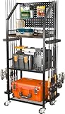SOYEEZE Fishing Rod Holders for Garage, Fishing Pole Holders Up to 12 Rods with Pegboard and Hooks,Rolling Fishing Cart with Wheels, Fishing Gear Storage For Tackle Box & Reel Organization