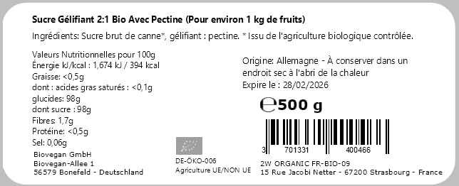 Sucre gélifiant Bio Sans Gluten A Base De Sucre De Canne Et Pectine De Pomme 500g | Sucre Gelee Bio Pour 1 Kg De Fruits - Qualité Supérieure